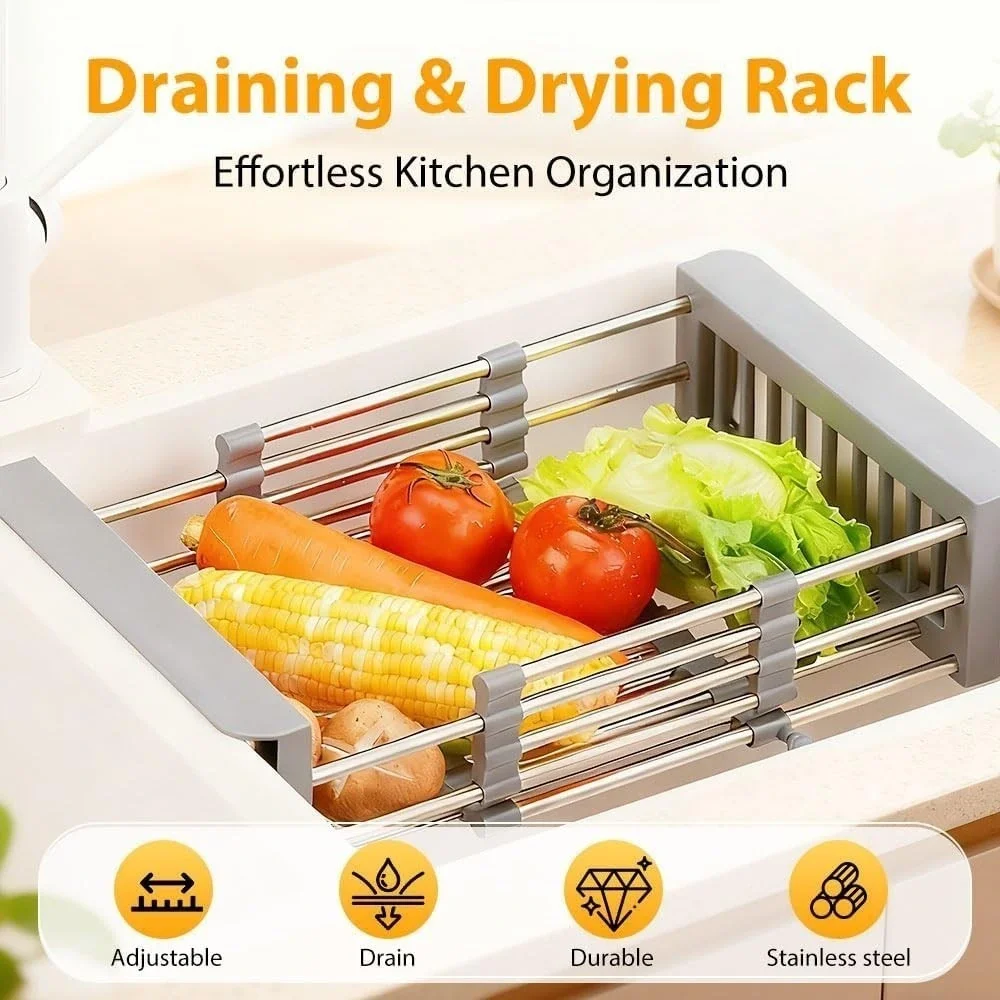 Extend Kitchen Sink Drain Basket Retractable‎ Adjustable Gray/Steel New